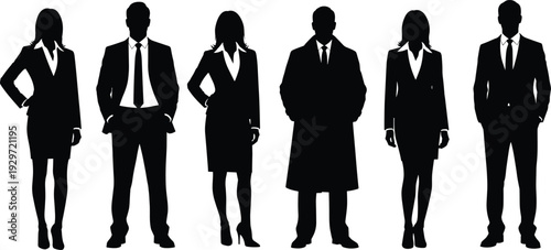 Group of Business Professionals Silhouettes in Formal Corporate Attire Standing Isolated on White Background Representing Leadership and Teamwork