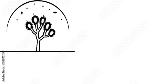 Stylized desert tree silhouette under a starry, arched sky