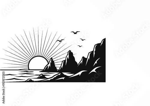 Sunrise over water with jagged rocks and flying birds