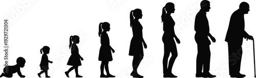 Human life cycle silhouette illustration showing stages from crawling baby to elderly man with cane isolated on white background