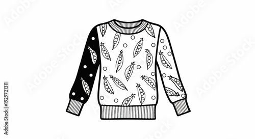 A black and white drawing of a sweater with pea pod and polka dot patterns