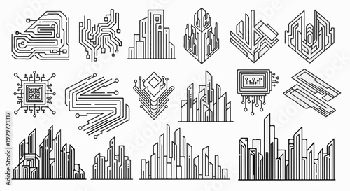 Abstract graphic icons representing circuit boards and futuristic cityscapes