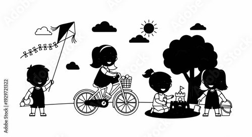 Cheerful cartoon children enjoying a sunny day outdoors with a kite, bicycle, and sandcastle
