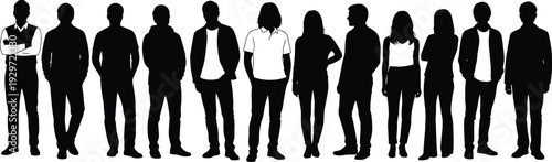 Group of people silhouette standing together isolated on white background, diverse men and women outline set, casual human figures vector illustration collection.