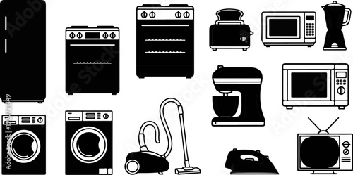 Collection of black and white illustrations of common kitchen and home appliances