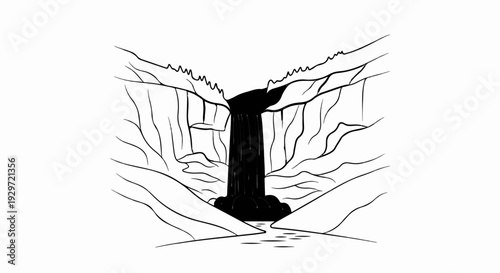 A striking black and white sketch of a powerful waterfall cascading into a pool