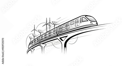 Modern monorail powered by wind and solar energy, futuristic transport