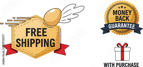 Promotional badges offering free shipping and money back guarantee with purchase