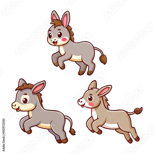 Cute cartoon donkeys in a lively pose, showcasing their playful nature and charming innocence in a vibrant illustration perfect for children's themes and animal lovers