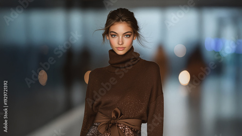 Beautiful young woman as a fashion model in a luxury high fashion catwalk fashion show
