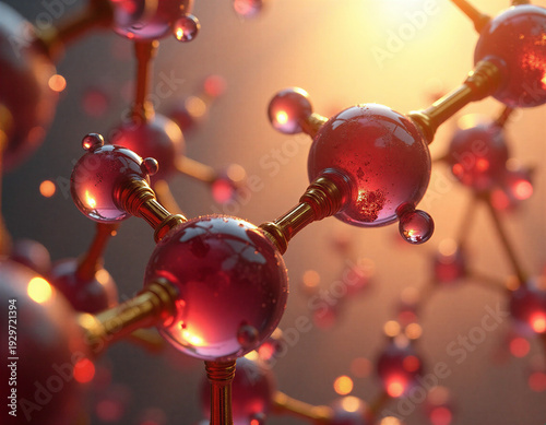 Abstract molecular structure with gold brass framework and burgundy spheres suspended in cream viscous liquid. Diagonal macro composition, harsh overhead sunlight, clinical aesthetic with graphic