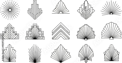 Diverse collection of stylized fan and geometric decorative motifs in black and white