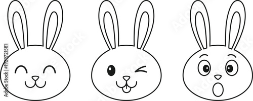 Three cartoon bunny faces expressing different emotions and facial gestures closely