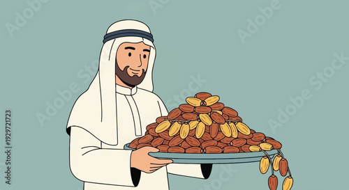 Smiling man in traditional Arab attire holds a generous platter of fresh, sweet dates, symbolizing Middle Eastern hospitality and cultural heritage