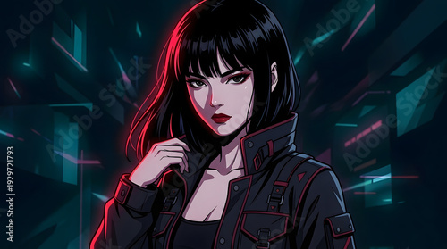 Retro anime portrait of woman with black hair and red neon lighting
