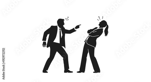 Conflict in the Workplace: A silhouette illustration portrays a tense interaction between two figures, symbolizing a disagreement, dispute or confrontational moment.