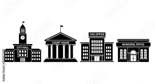 Governmental Architecture: A collection of meticulously crafted, silhouetted illustrations showcasing pivotal governmental buildings. Each structure.