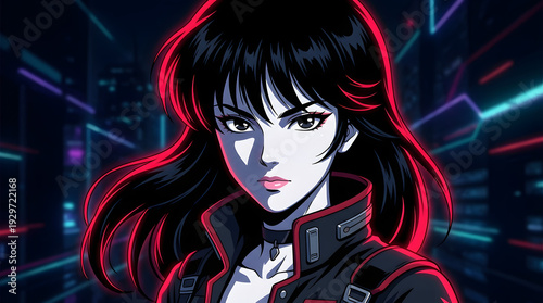 Retro anime portrait of woman with black hair and red neon lighting
