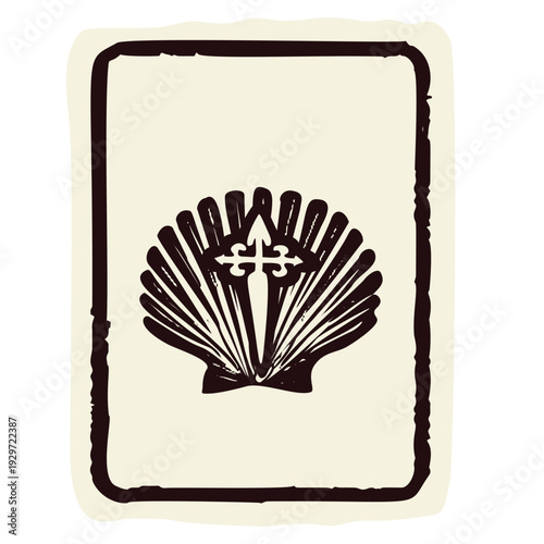 Hand drawn pilgrims way passport icon. lack and white scallop shell pilgrimage book for stamps on the camino in spain. St James cross for religious christian pass