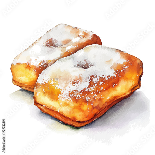 Beignets, watercolor illustration featuring playful movement and lively expressions, isolated on a white background.