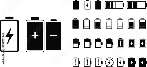 Battery charge icons set, charging level indicators, low high power status symbols, black energy battery vector collection.