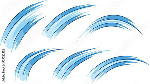 Blue water splash brush stroke set, dynamic wave paint swashes, abstract liquid flow design elements vector collection.
