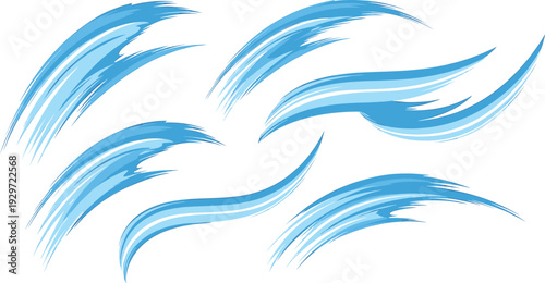 Blue water splash brush strokes set, dynamic wave paint swashes, abstract liquid flow vector illustration collection.