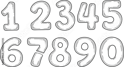 Hand drawn numbers 0 to 9 vector illustration set, doodle outline numerals, vintage sketch style typography digits collection.