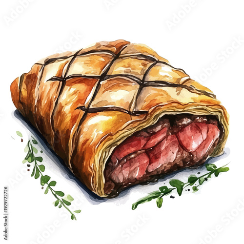 Beef Wellington, watercolor artwork with bold brush accents and dynamic composition, isolated on a white background.