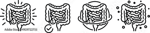 Digestive system intestine icon collection, gut health microbiome colon medical outline vector 