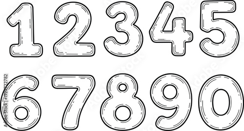 Hand drawn numbers 0 to 9 vector set, doodle style outlined numerals, vintage sketch typography digits collection.