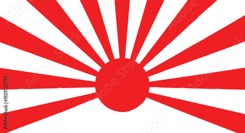 Rising sun flag vector illustration, red sun with radiating rays symbol, vintage Japanese style background design element.