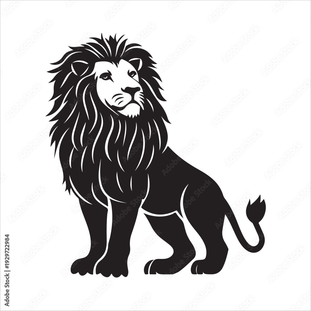 Obraz premium Black and white silhouette of a roaring lion standing on a rock. 