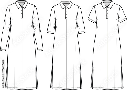 Technical sketch of women's midi polo dress with long sleeve elbow sleeve and short sleeve options cad drawing flat vector illustration