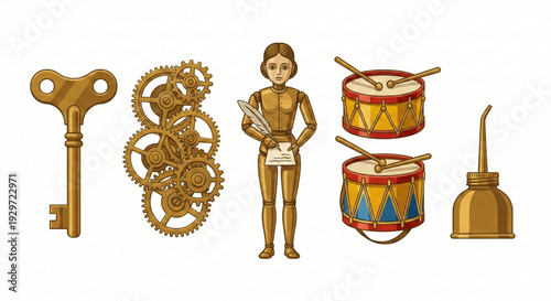 A Collection of Antique Objects and Mechanical Gears