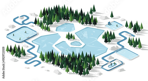 isometric winter landscape with frozen lakes and outdoor sports areas hand drawn vector illustration