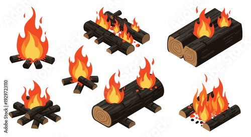 set of six isometric campfire illustrations with burning logs and bright flames in hand drawn style
