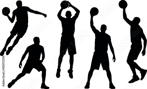Collection of five diverse basketball players in silhouette performing various actions on a white background
