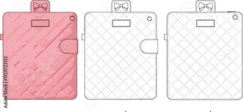 Pink quilted tablet sleeve with bow detail and magnetic closure, protective laptop case template, technical fashion flat sketch, cad drawing flat vector illustration.