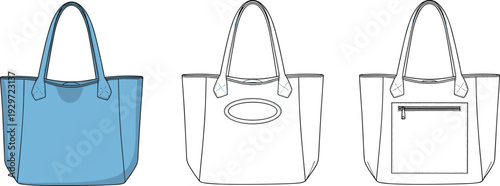 Women blue shopper tote bag with back zipper pocket, large shoulder handbag template, technical fashion flat sketch, cad drawing flat vector illustration.Women blue 