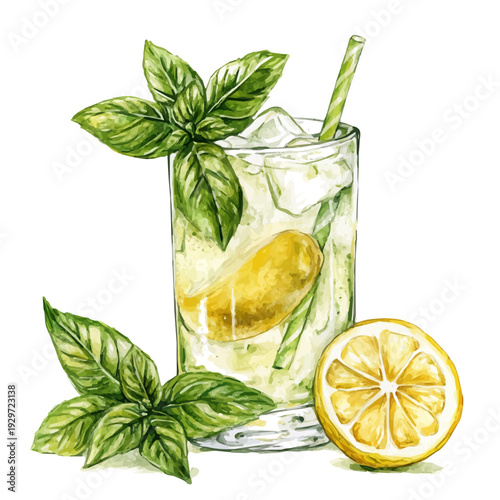 Basil Lemonade, watercolor vector portraying a joyful pose with colorful highlights, isolated on a white background.