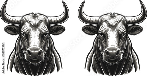 Two Bull Heads Facing Forward Stock Illustration Monochrome Drawing Detailed Texture Powerful Symbolism
