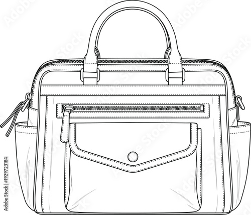 Technical sketch of a professional leather briefcase laptop bag with handles shoulder strap and utility pockets cad drawing flat vector illustration