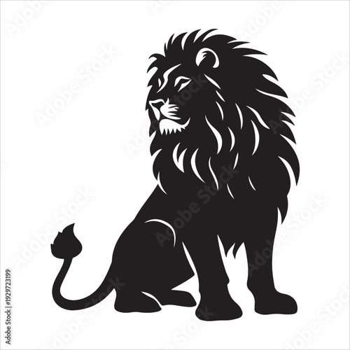 Black and white silhouette of a roaring lion standing on a rock. 
