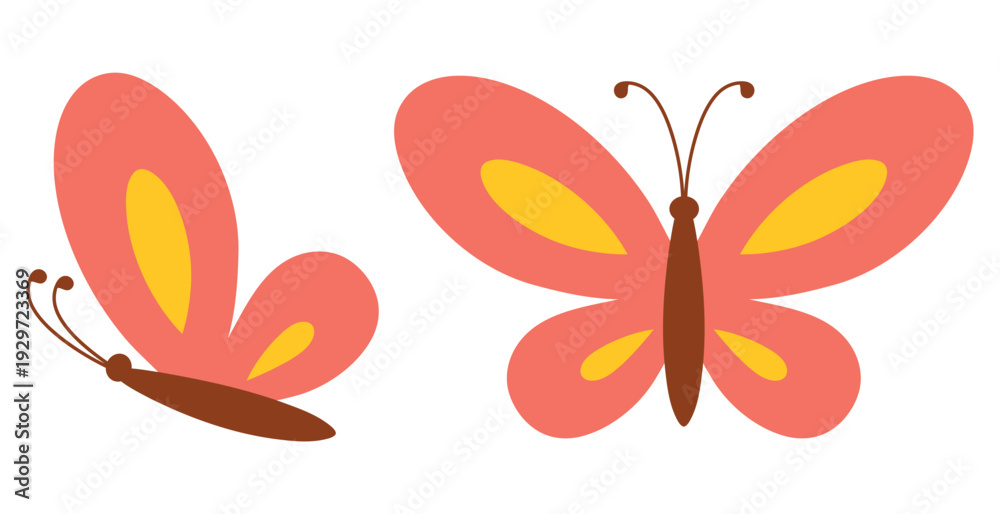 Obraz premium Cute illustrations of vibrant butterflies with a red and yellow wings and brown body in two different poses. Flat vector illustrations isolated on a white background.
