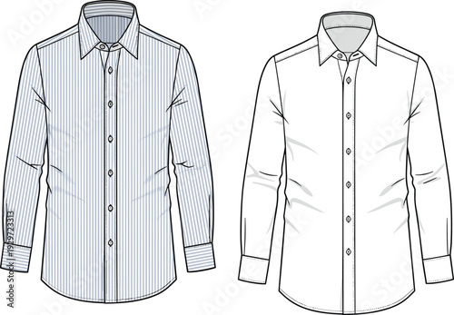 Technical sketch of men's formal button down long sleeve shirt in solid and striped versions cad drawing flat vector illustration