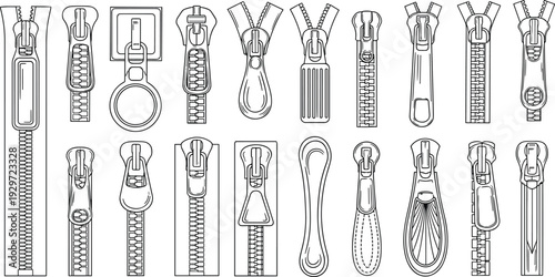 Fashion technical sketch of various metal zipper pullers and sliders set for garment hardware design cad drawing flat vector illustration
