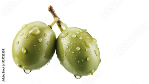 Green olives with water droplets and leaves fresh isolated on a transparent background