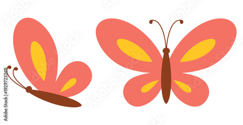 Cute illustrations of vibrant butterflies with a red and yellow wings and brown body in two different poses. Flat vector illustrations isolated on a white background.