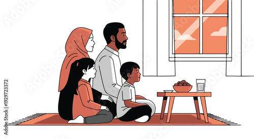 Heartwarming Illustration of a Muslim Family Breaking Their Fast Together During the Holy Month of Ramadan, Sharing an Iftar Meal at Home After Sunset